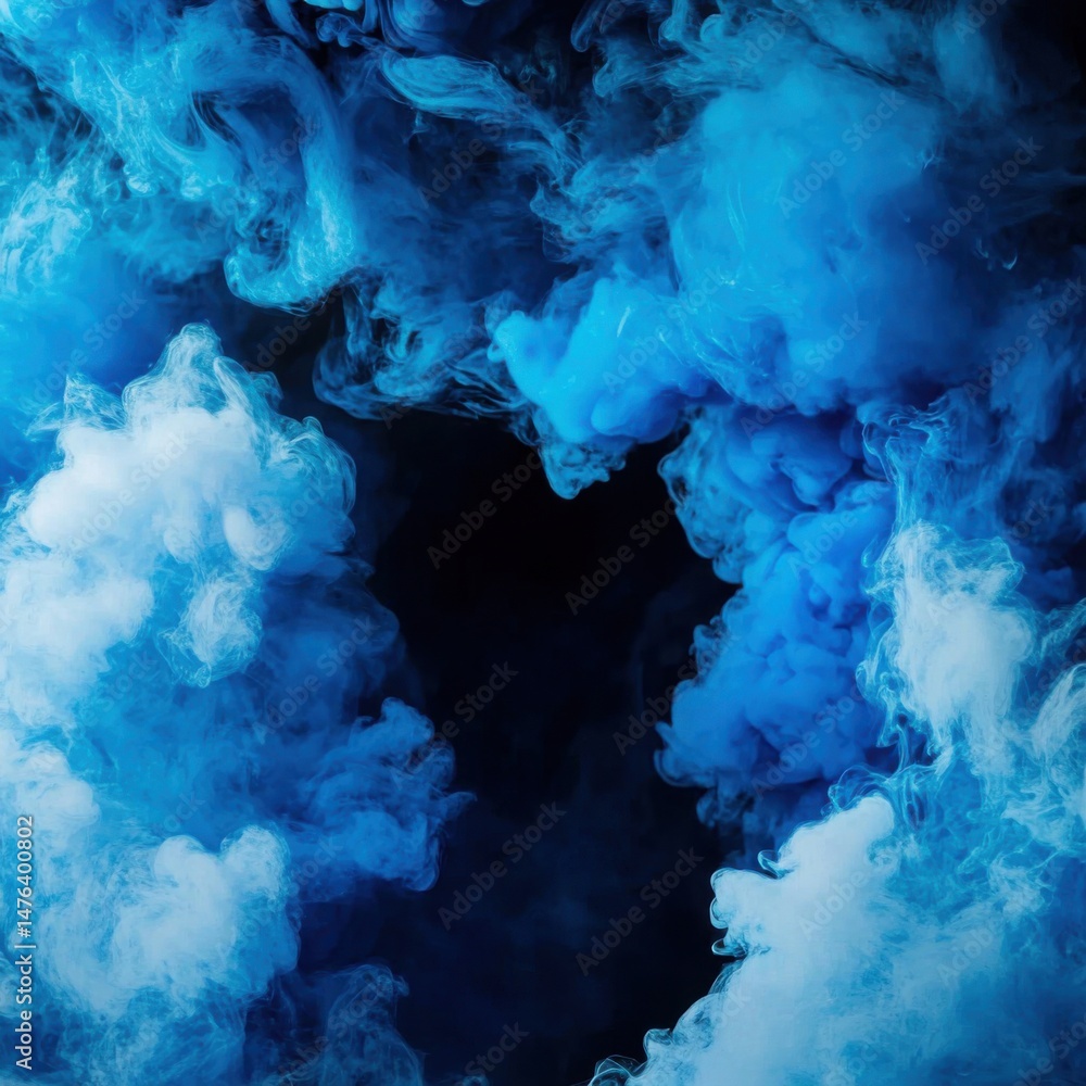 Aufkleber blue ink dissolving in water creating abstract cloud shapes on black background studio shot close up