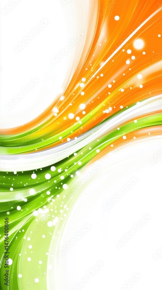 Poster abstract background of flowing orange and green waves with sparkling light effects on a white backdr