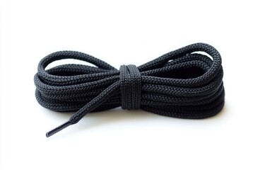 A coiled black shoelace against a white background.  The shoelace is tightly wound,  with a black,  smooth end visible
