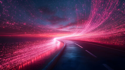 A glowing pink path stretches into a vibrant sunset, creating a surreal and futuristic landscape.  The road curves gently, disappearing into the horizon