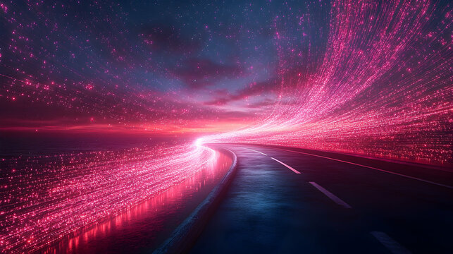 A glowing pink path stretches into a vibrant sunset, creating a surreal and futuristic landscape.  The road curves gently, disappearing into the horizon
