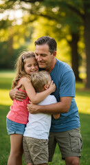 Fototapeta premium Loving Father Embraces Children in a Warm Family Hug Exploring the Themes of Love Support and Connection in Nature with Lush Greenery