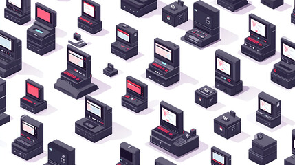 An array of stylized computers, forming a patterned composition with geometric shapes and technological theme