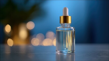 Naklejka premium Serum Dropper Bottle: A sleek and elegant dropper bottle, filled with a clear, luminous serum, poised against a soft, blurred background of warm, inviting lights, embodies serenity and care.