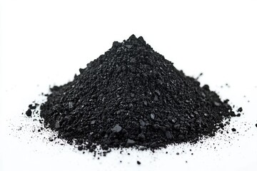 Pile of dark gray powder on white background
