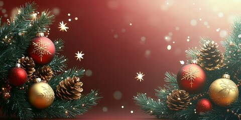 Obraz premium Sparkling Christmas Background, Fir Tree Branches with Red and Golden Ornaments, Festive Decorations