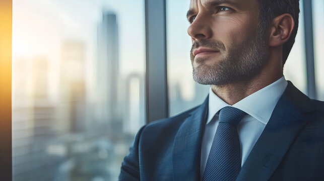 A contemplative businessman gazes thoughtfully towards the city, a symbol of ambition and strategic vision