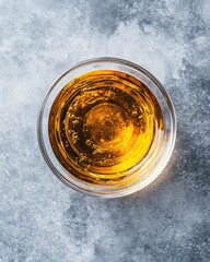 Top-down view of amber liquid in clear glass bowl on textured gray surface; still life of golden fluid with bubbles