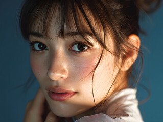 横顔の美しいアジア人女性。ナチュラルメイクと艶肌のクローズアップ