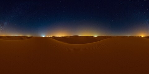 Golden Sand Dunes Under Starry Night Sky with a Distant Light - Equirectangular 360 degree landscape