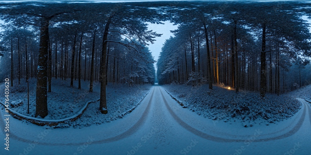 Aufkleber Enchanted Winter Forest Pathway Illuminated by Soft Light and Snowfall - Equirectangular 360 degree landscape