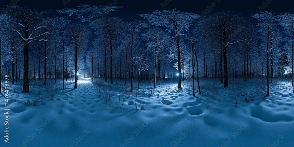 Aufkleber Enchanted Winter Forest Pathway Illuminated by Soft Light and Snowfall - Equirectangular 360 degree landscape