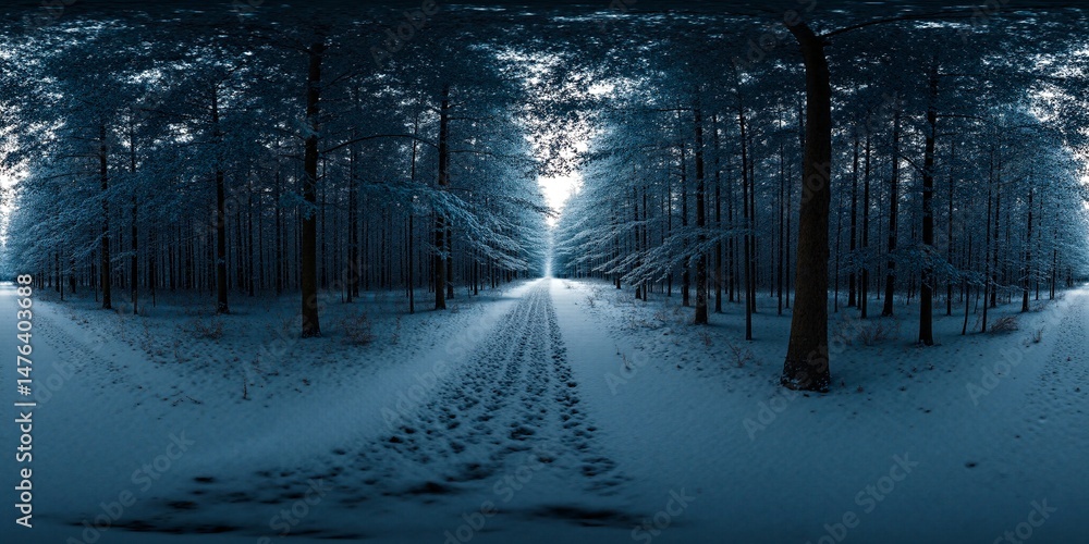Aufkleber Enchanted Winter Forest Pathway Illuminated by Soft Light and Snowfall - Equirectangular 360 degree landscape