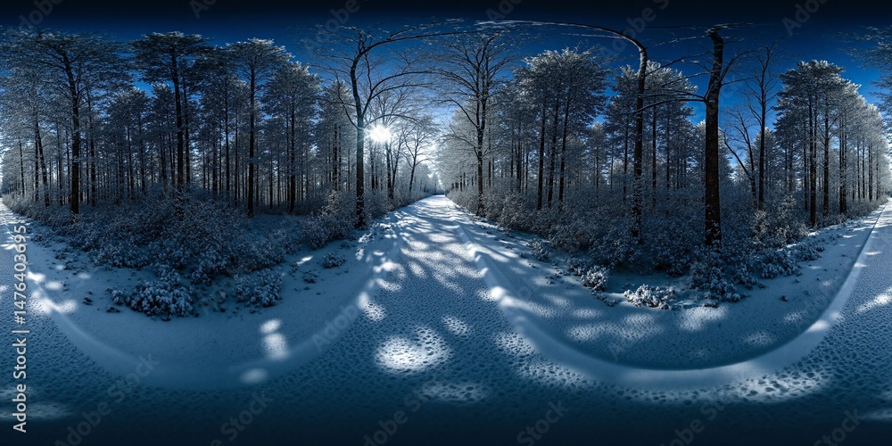 Aufkleber Enchanted Winter Forest Pathway Illuminated by Soft Light and Snowfall - Equirectangular 360 degree landscape