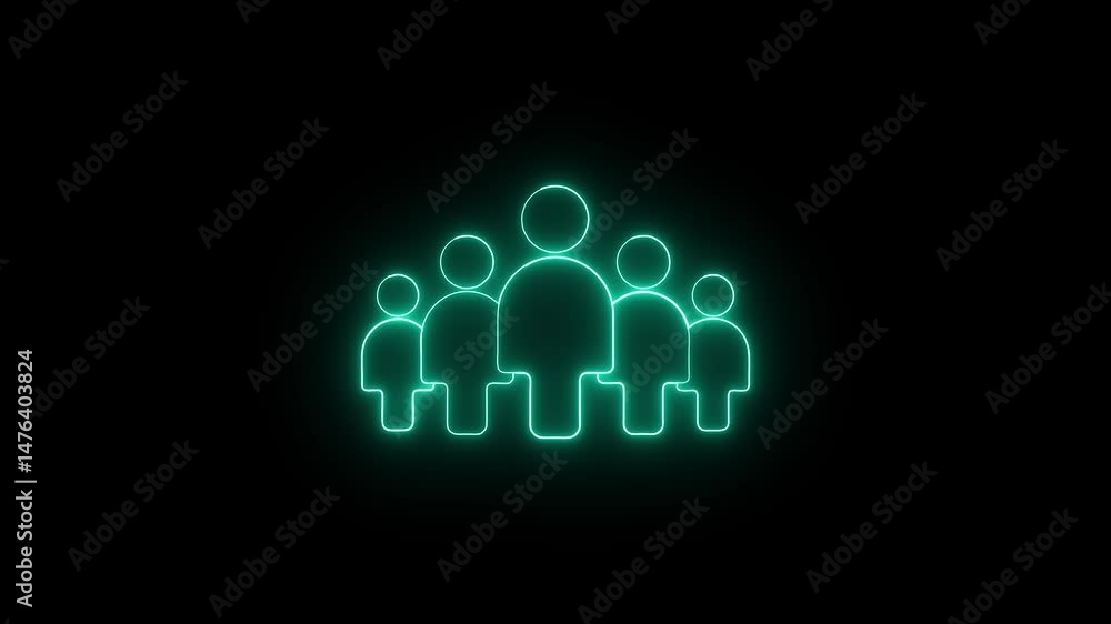 Poster teal glowing neon group symbol animation on dark background representing teamwork.people symbol anim