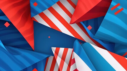Flag Day Folded Background: Red Flags in Multifold Layers, Unfolding a Three - Dimensional Ode of the Interweaving of Creased Lights and Flag Elegance