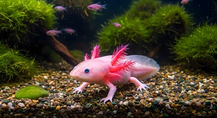 Obraz premium Pink Axolotl in Aquarium with Fish and Plants