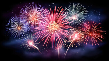 Fototapeta premium Vibrant fireworks light up the night sky during independence holidays, showcasing brilliant colors and patterns that bring joy and excitement to the festive atmosphere