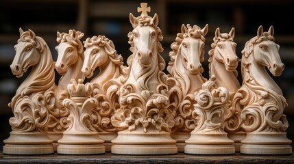 Obraz premium Intricately carved wooden chess pieces arranged in a row, showcasing elegant horse designs embodying craftsmanship and artistry.
