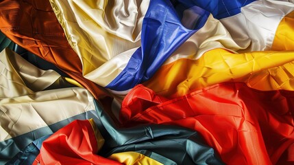 Flag Day Folded Background: Red Flags in Multifold Layers, Unfolding a Three - Dimensional Ode of the Interweaving of Creased Lights and Flag Elegance