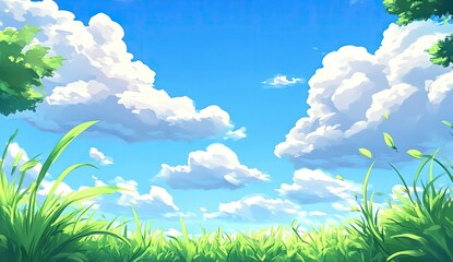 Obraz premium Lush green grass field stretches under a vibrant blue sky filled with fluffy white clouds. Gentle sunlight filters through the clouds,