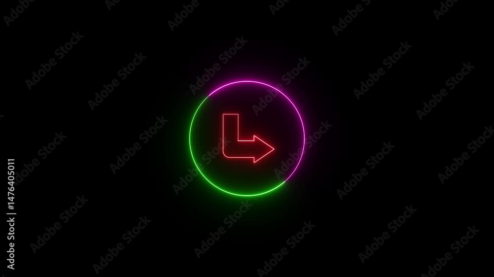Poster neon directional arrow glowing inside a colorful circle.neon glow directional arrow symbol inside a 