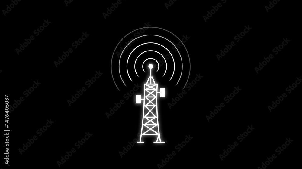 Poster Communication tower animation sending out signal waves.Abstract animation of a communication tower transmitting signals against a dark background demonstrating connectivity