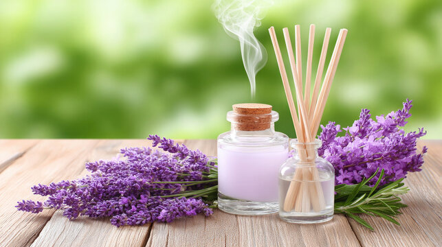 Lavender essential oils fill the air with a calming scent as aroma sticks diffuse pleasant fragrance. Fresh lavender flowers complement the serene setting, creating a tranquil atmosphere