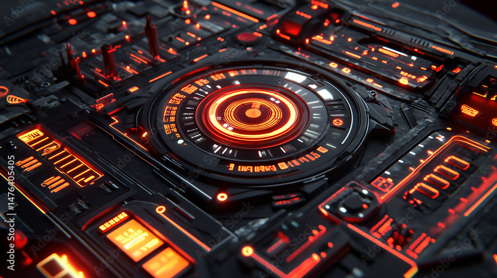 Poster futuristic digital circuit design illuminated with vibrant red and orange lights, conveying an atmos