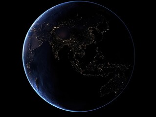 Earth at night from space showing city lights Asia Southeast Asia Middle East view from orbit globe