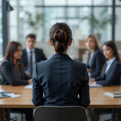Unfair barrier. Back view young lady business professional compete for opening for her dream job but feel pressure bias prejudice on interview with male recruiters team having gender based stereotypes
