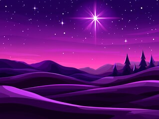 Fototapeta premium Purple Night Sky Starry Landscape Mountains Illustration Design art dark calm stars hills trees
