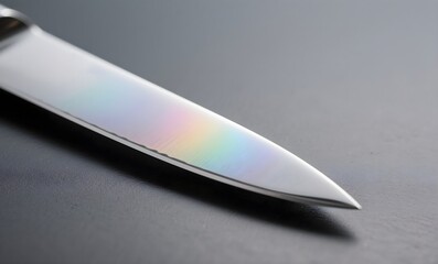 Macro Photography of Stainless Steel Kitchen Knife Edge Displaying Vibrant Rainbow Light Refraction Effect