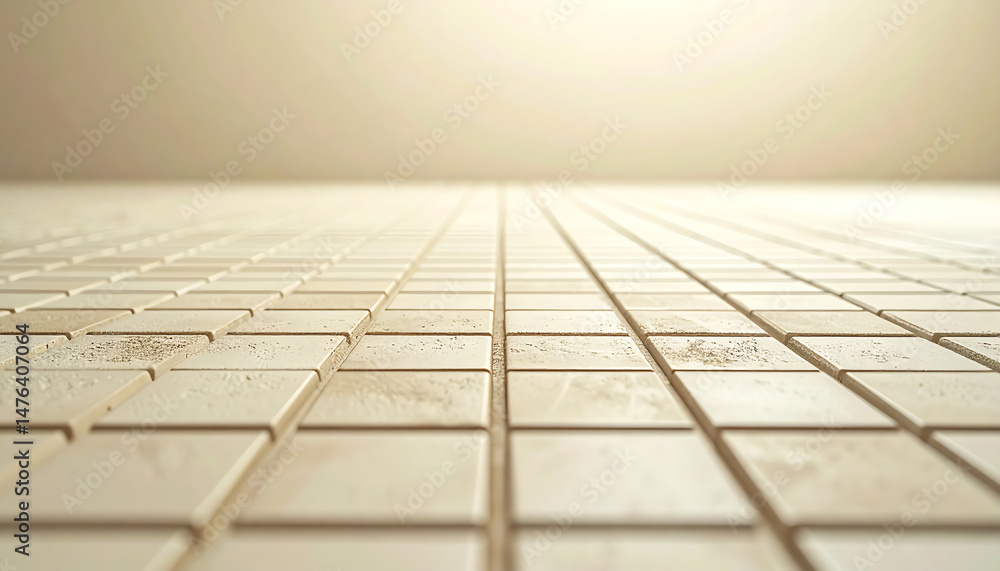 Poster a close-up perspective of a tiled floor, showcasing clean, light-colored tiles arranged in a grid pa