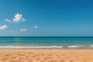 Obraz premium Clear blue sky with few clouds over calm ocean and sandy beach shore on sunny day, evoking peaceful and relaxing coastal atmosphere