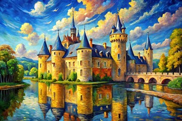 Naklejka premium Castle with a bridge and a body of water in the background. Graphic, vector, illustration, art, icon, design, clipart, cartoon, sketch, watercolor, mockup, abstract, digital, stock, images, AI