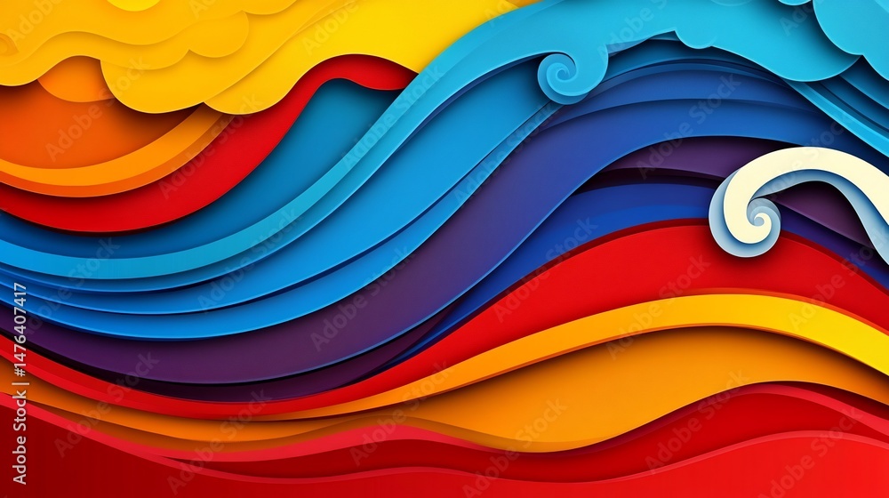 Poster vivid abstract waves background with layered paper cut style and bold colors dynamic and modern over