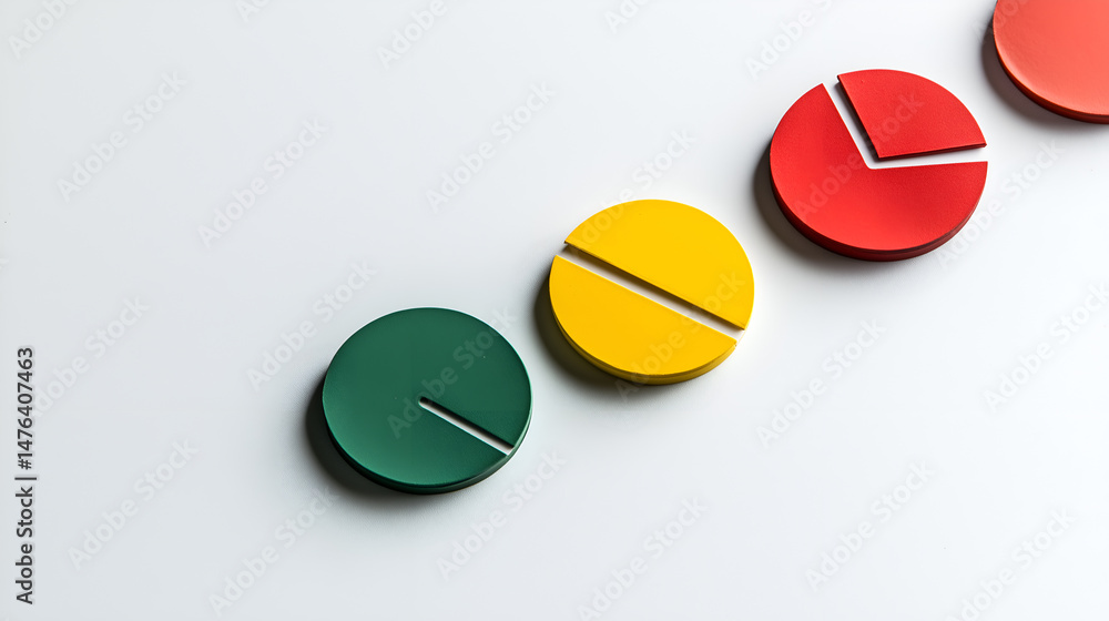 Poster colorful pie chart pieces arranged in a diagonal line, symbolizing data representation and analytica