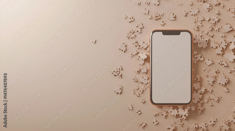 Poster a smartphone surrounded by puzzle pieces on a flat surface, offering a unique visual representation