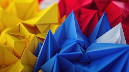 Flag Day Folded Background: Red Flags in Multifold Layers, Unfolding a Three - Dimensional Ode of the Interweaving of Creased Lights and Flag Elegance