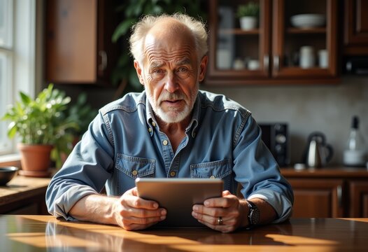 Elderly man looking confused at tablet in a cozy kitchen
