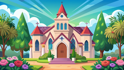 church with a bunch of flowers in front of it Very beautiful