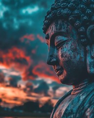 Obraz premium Bronze Buddha statue at sunset in serene contemplation profile view spiritual art religion