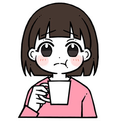 コップを持つ不満げな顔の女の子のイラスト