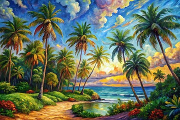 Fototapeta premium Painting of a tropical beach with palm trees and a body of water. Graphic, vector, illustration, art, icon, design, clipart, cartoon, sketch, watercolor, mockup, abstract, digital, stock, images, AI