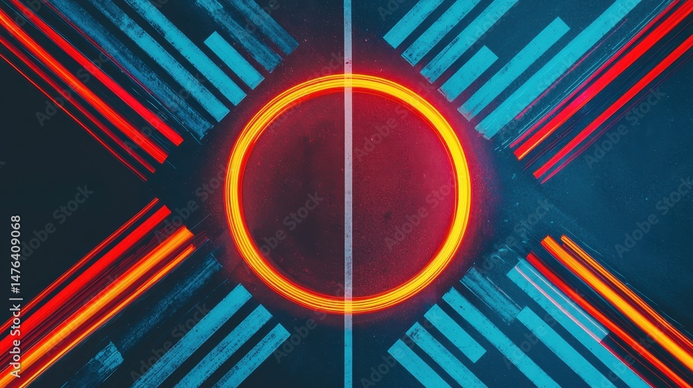 Poster abstract geometry with energetic lines and circular motif in bright colors on dark background