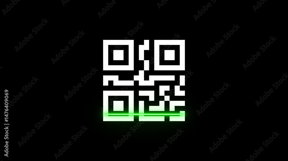 Poster qr code with scanning line animation.animated scan line crossing a qr code on a black background ind