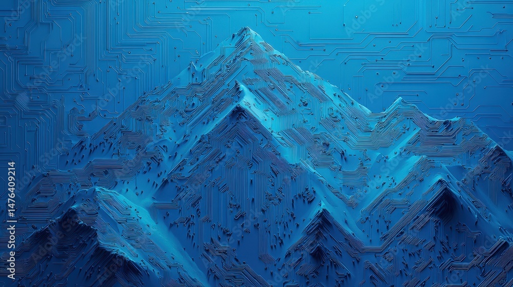 Poster abstract representation of a blue mountain range with circuit board patterns and digital textures