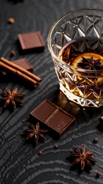 Luxurious whiskey pour complemented by dark chocolate and spices on textured surface