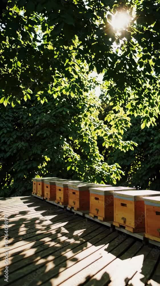 Poster sunlit beehives in tranquil forest setting with dappled light and shadows